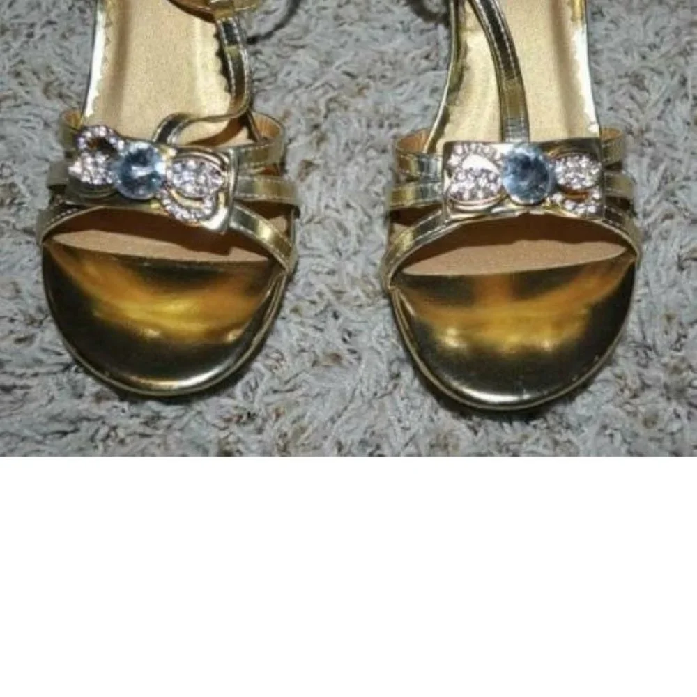 Princess Dress Up Shoes Gold 4/5 Low Block Heels T-Strap Halloween Sandals Girls